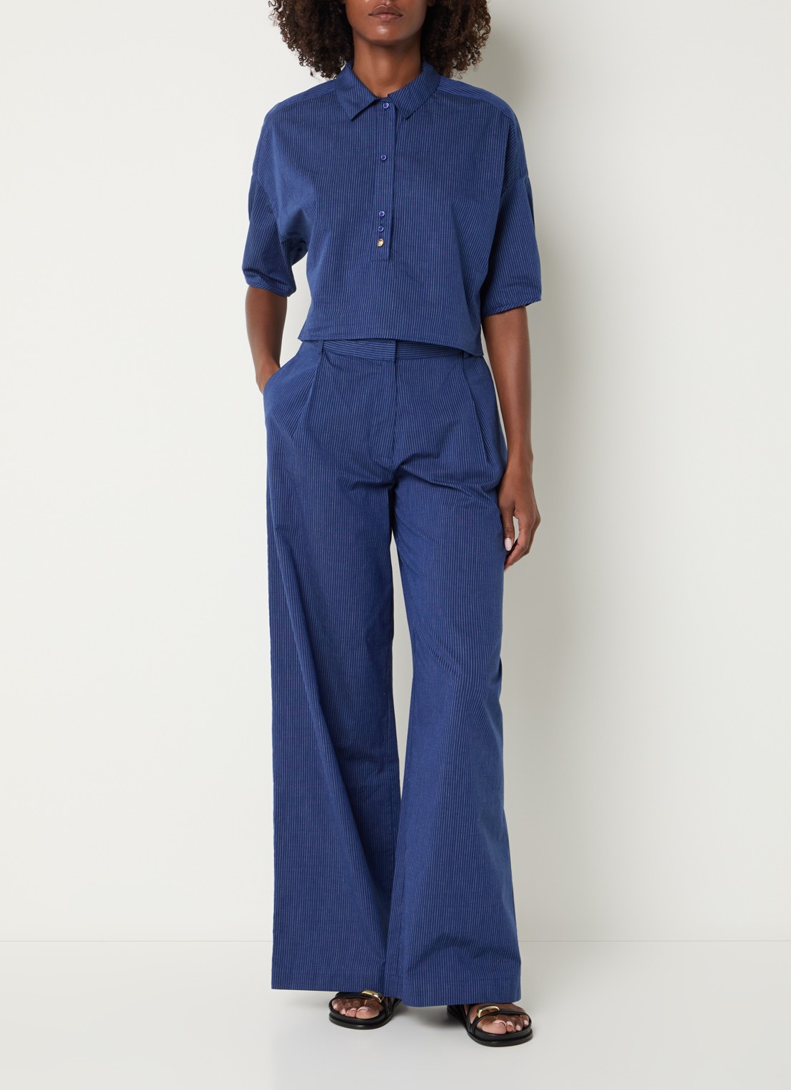 Sessùn Provencia high waist straight fit pantalon met streepprint - voorkant 2 donkerblauw