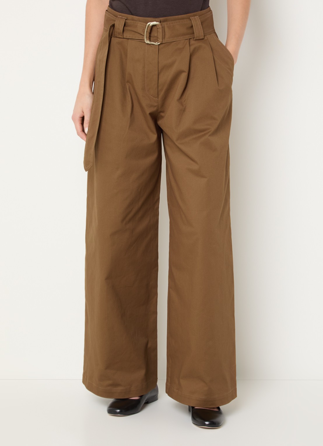Sessùn Riva high waist wide fit pantalon met ceintuur - detail 2 cognac