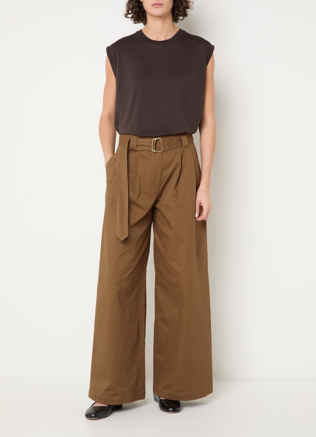 Sessùn Riva high waist wide fit pantalon met ceintuur - voorkant 4 cognac