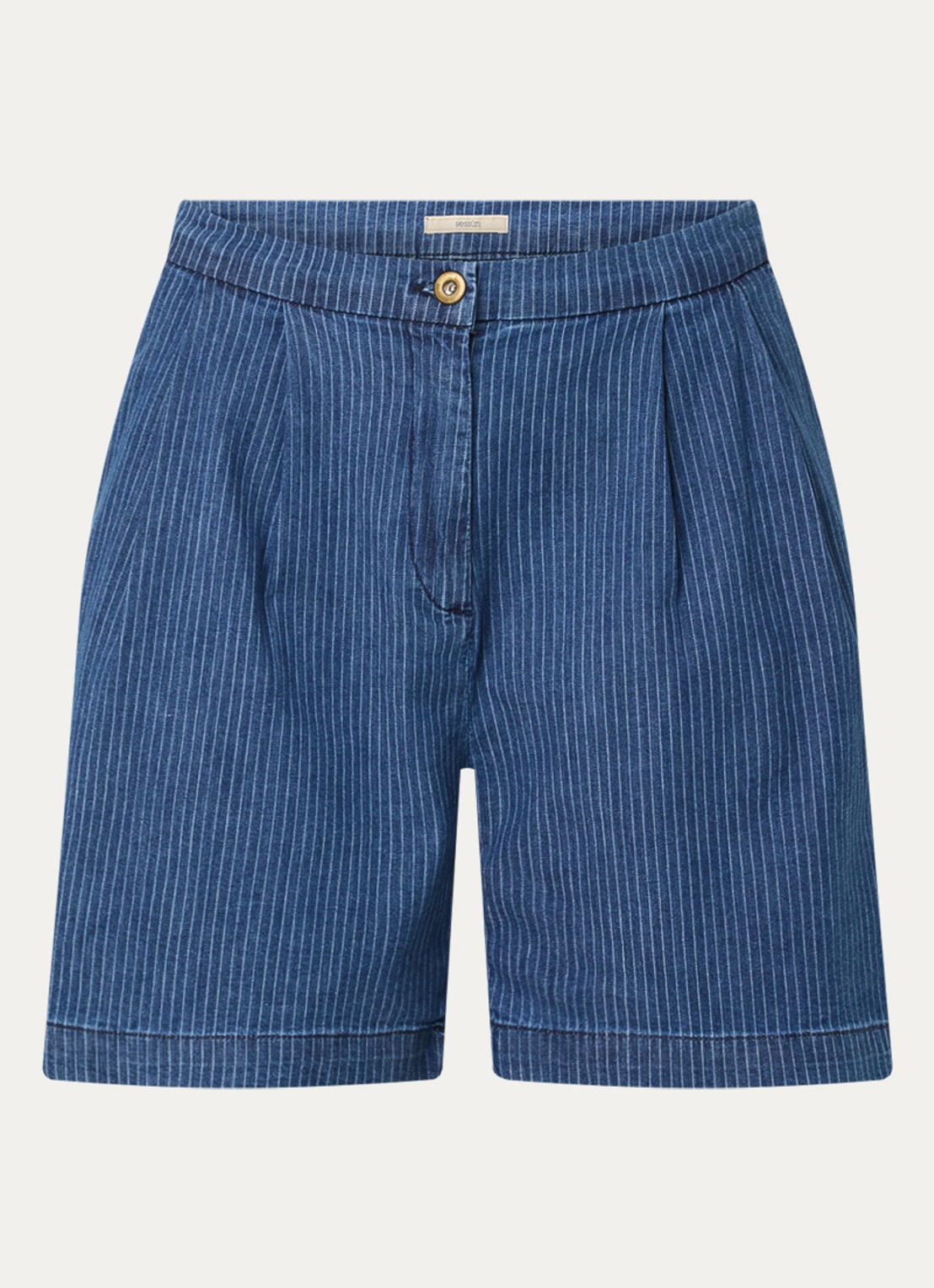 Sessùn Santa high waist wide fit korte broek van chambray met krijtstreep - voorkant 2 indigo