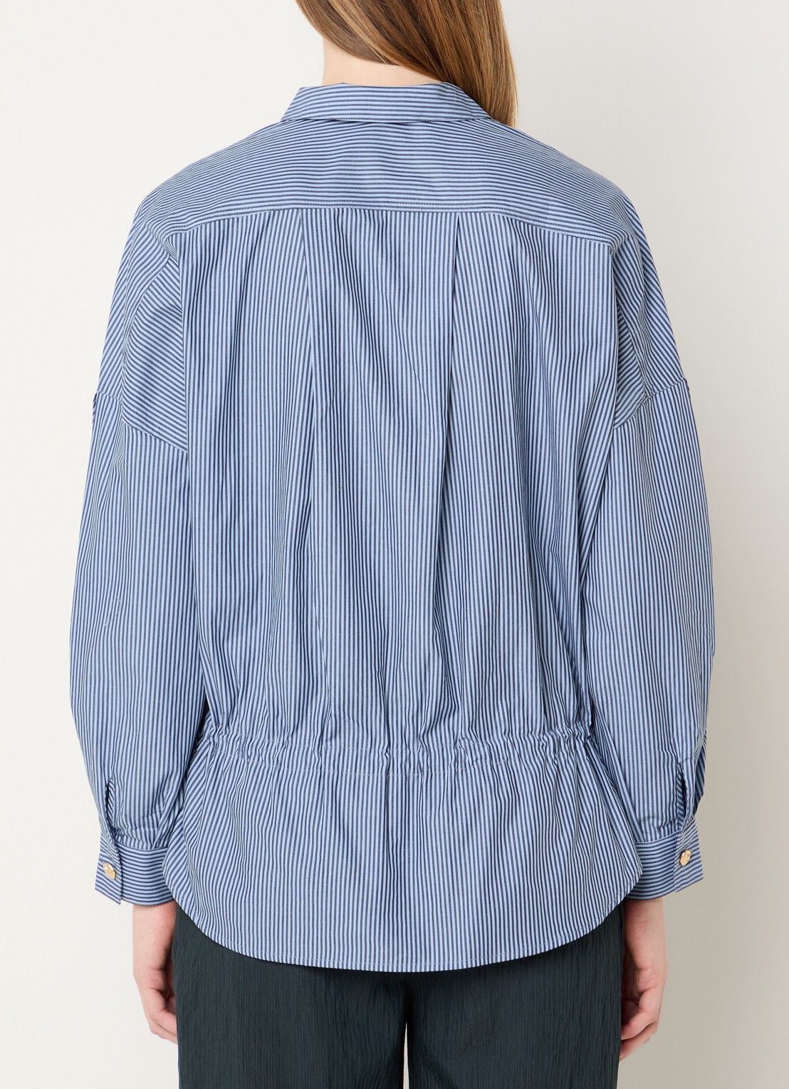 Sessùn Santalin blouse met streepprint en trekkoord - achterkant 4 staalblauw