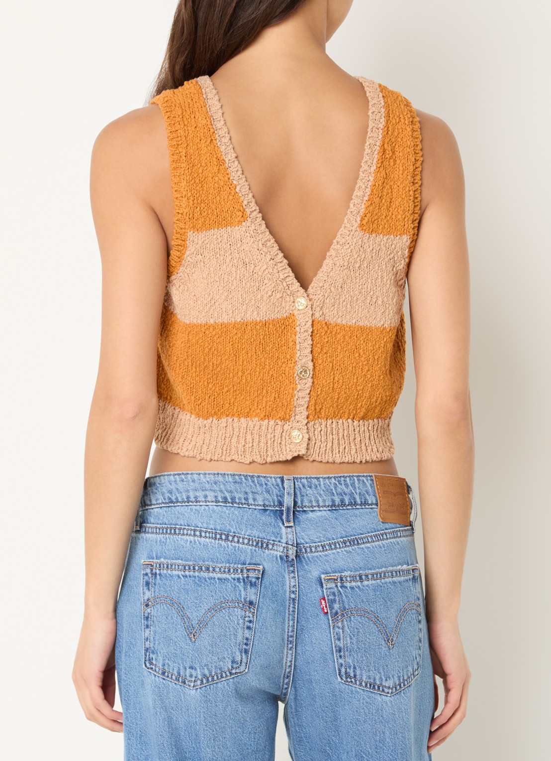 Sessùn Saolo grofgebreide crop top met streepprint - achterkant 3 okergeel