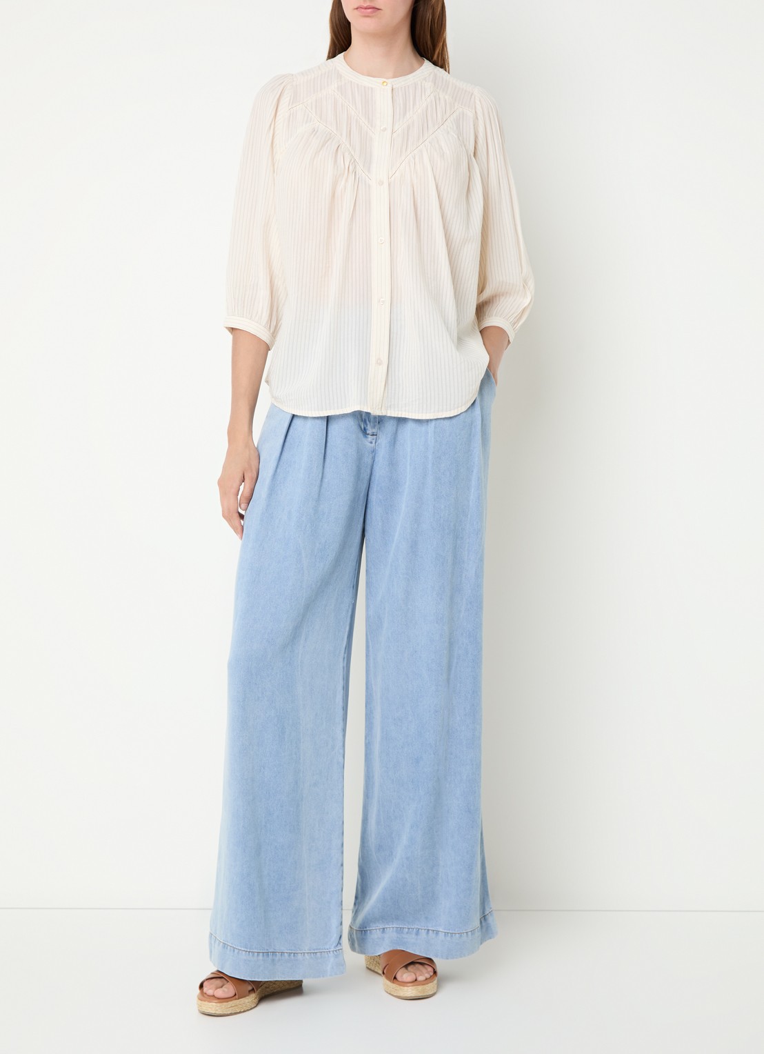 Sessùn Savi blouse met streepprint en pofmouw - voorkant 4 creme