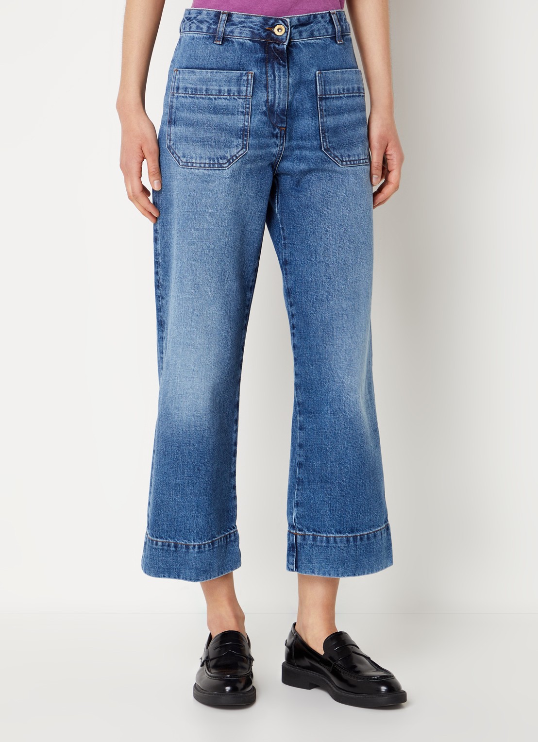 Sessùn Seakey high waist cropped loose fit jeans met medium wassing - detail indigo