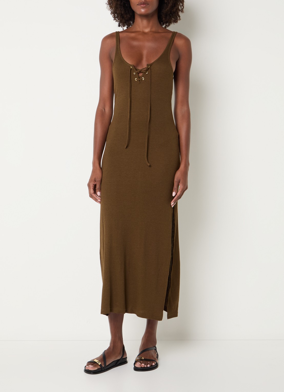 Sessùn Sueli ribgebreide midi jurk met split - detail 4 bronsgroen