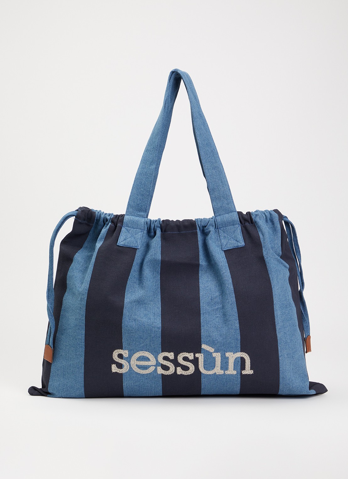 Sessùn Titoo shopper van denim met streepprint en logoborduring - voorkant 2 blauw