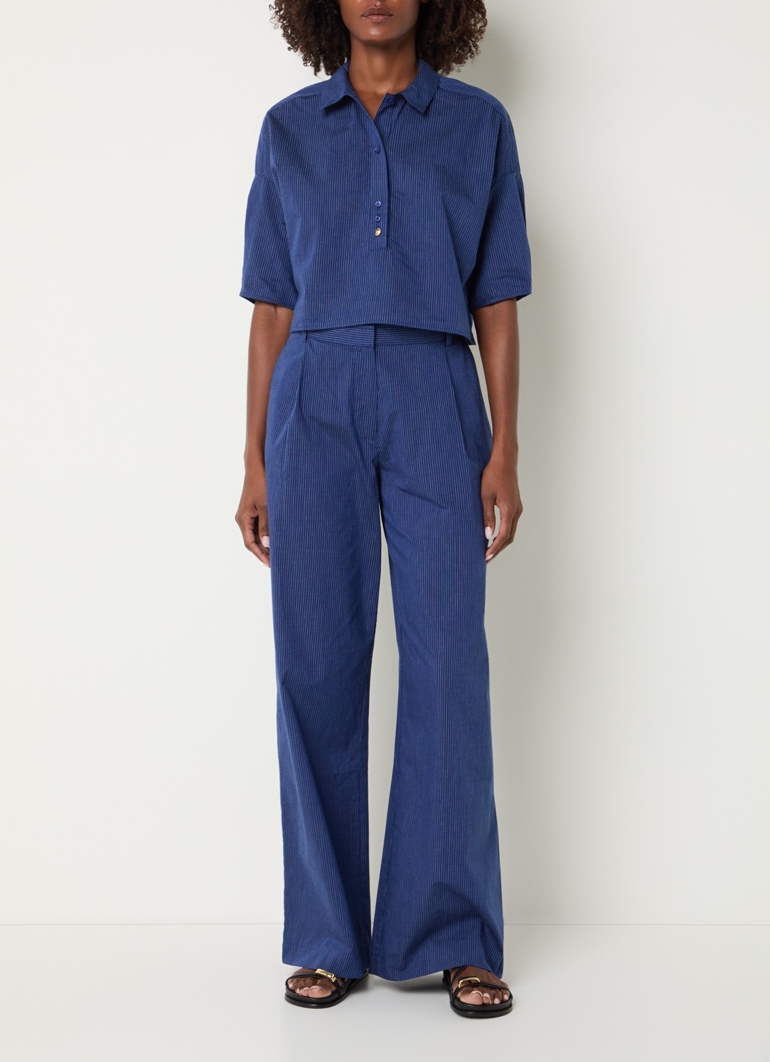 Sessùn U blouse met streepprint - voorkant 3 donkerblauw