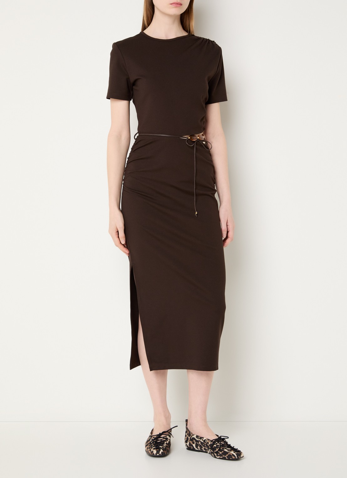 Sessùn Vertigo midi jurk met split - detail 4 donkerbruin