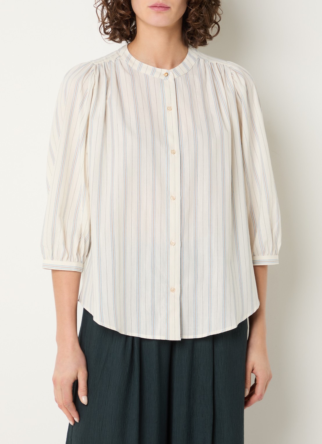 Sessùn View blouse met streepprint - detail 4 vanillegeel