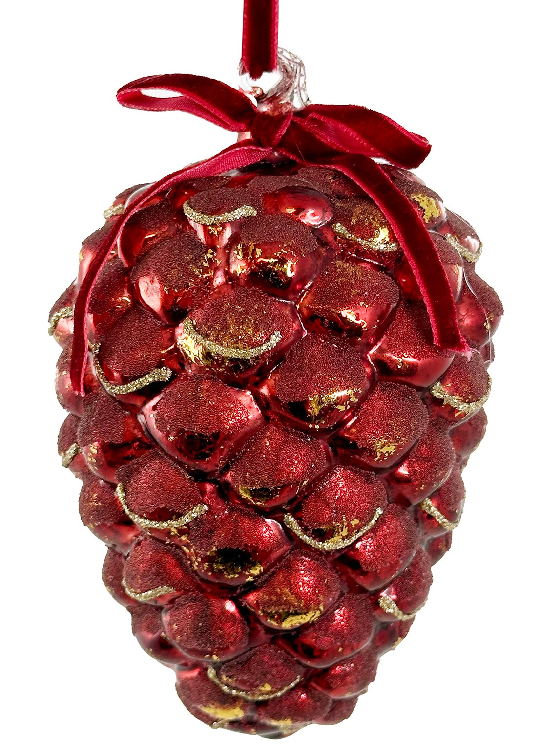 Shishi Dennenappel kersthanger 11 cm - voorkant rood