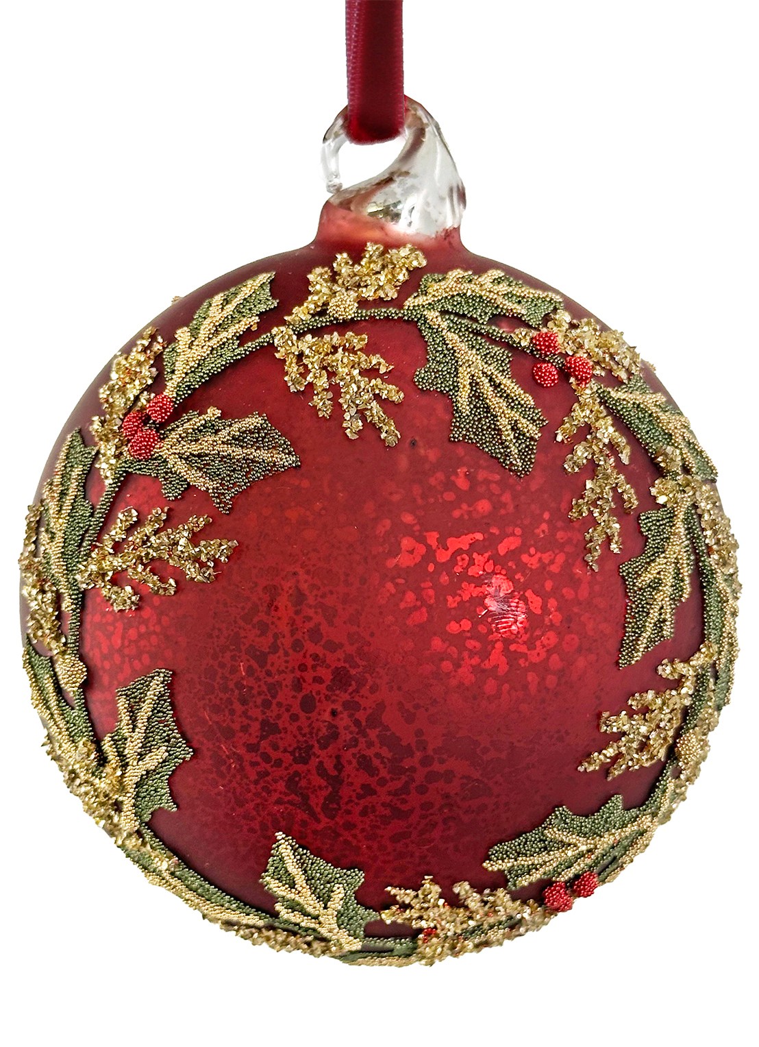 Shishi Krans Hulst kerstbal 10 cm - voorkant donkerrood