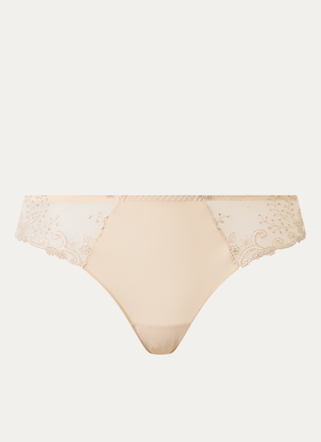 Simone Pérèle Delice tanga van mesh met borduring - voorkant beige