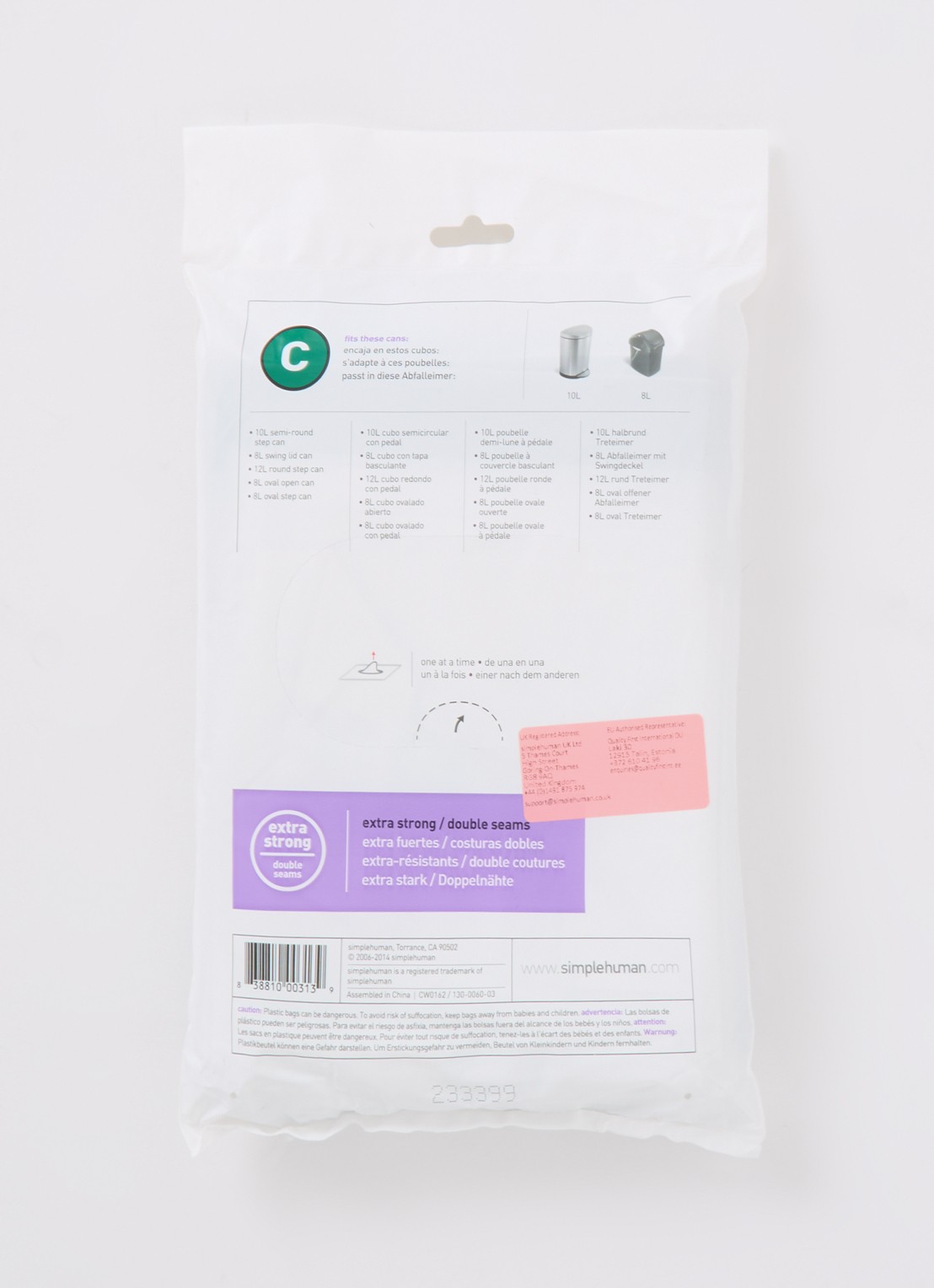 Simplehuman Afvalzakken Code C 10-12 liter 20 stuks - voorkant 2 wit
