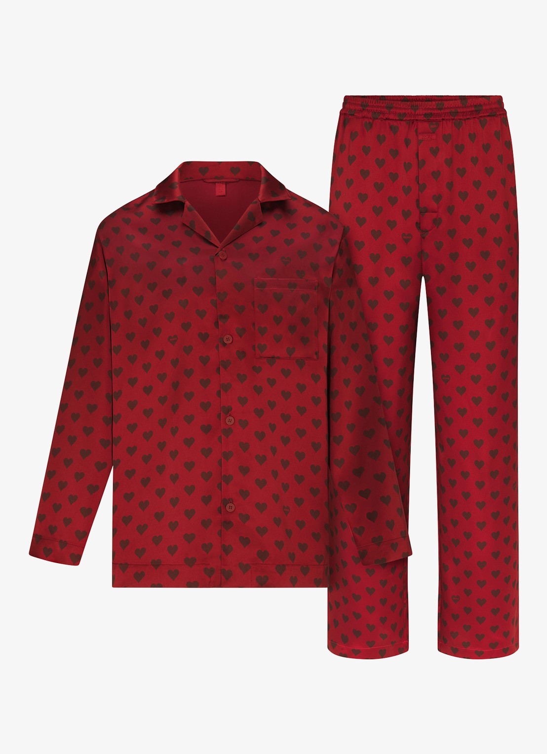 SKIMS Sateen Sleep pyjamaset met print - voorkant red heart