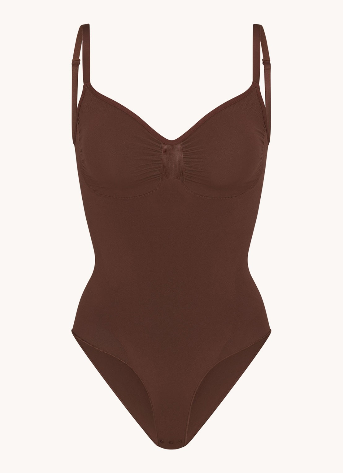 SKIMS Seamless Sculpt corrigerende body met plooidetail - voorkant 4 donkerbruin