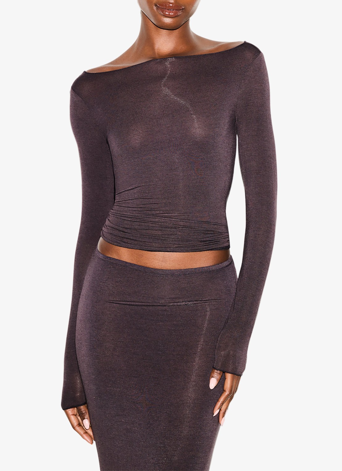 SKIMS Sheer Modal semi-transparante longsleeve in kasjmierblend - detail phoenix