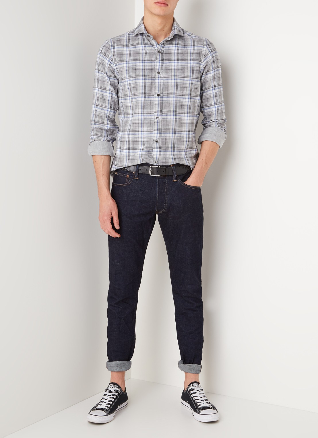 Slim fit overhemd met ruitdessin - voorkant 4 lichtgrijs