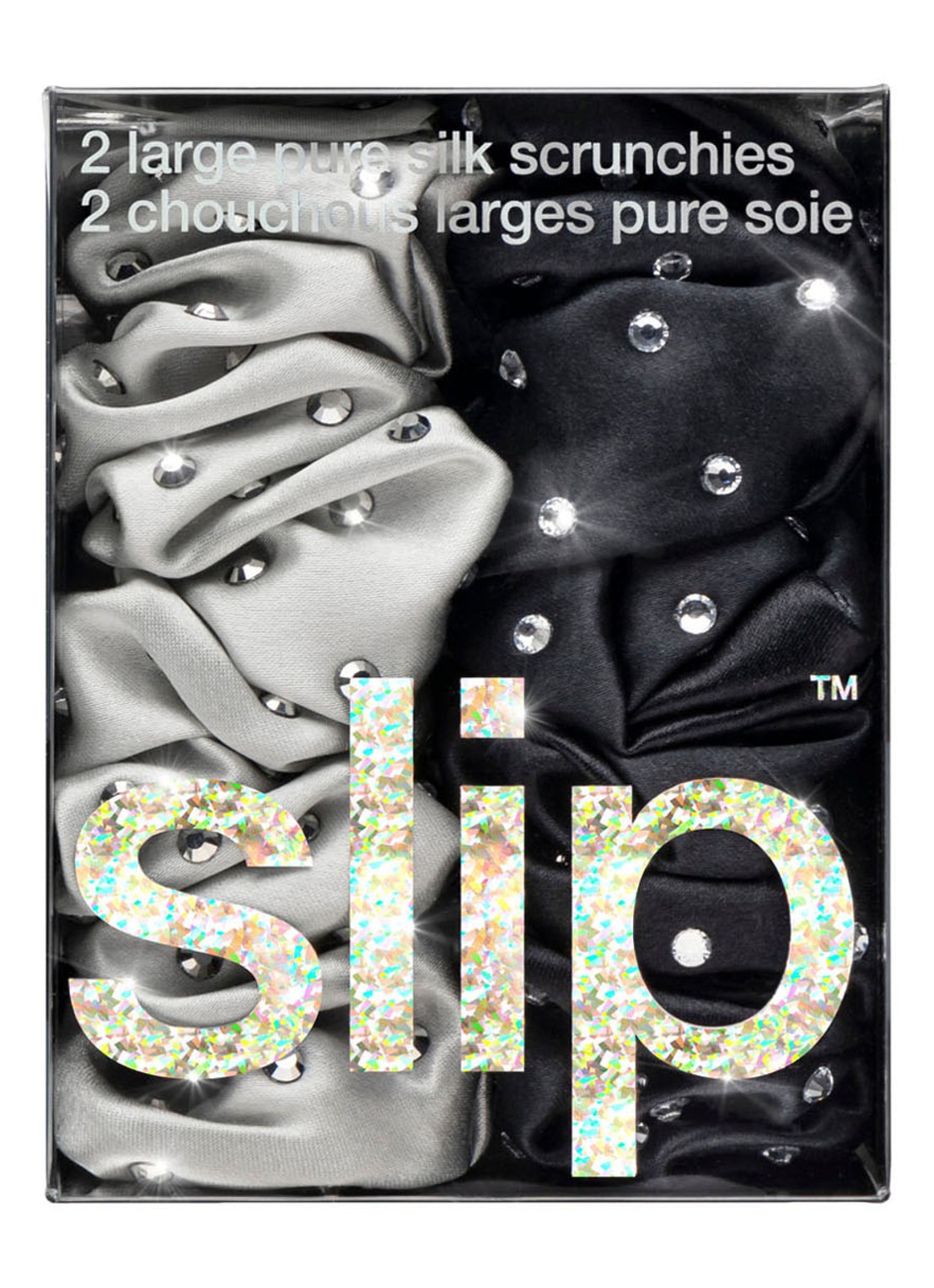 slip Crystal Scrunchie Set Moonlight - zijde haarelastiek set van 2 - voorkant 2 zilver