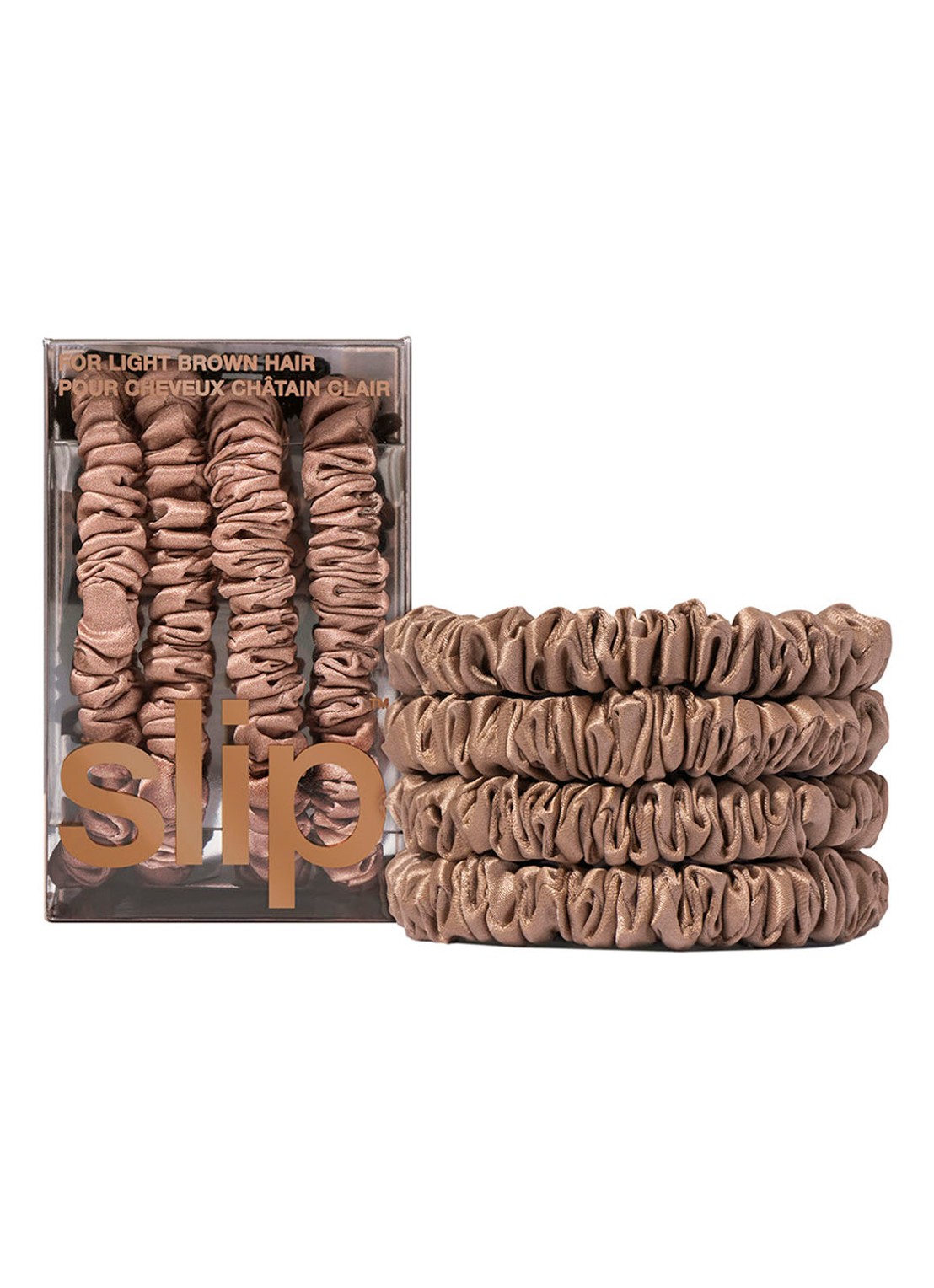 slip Pure Silk Skinny Scrunchies - zijden haarelastiek - voorkant 2 light brown