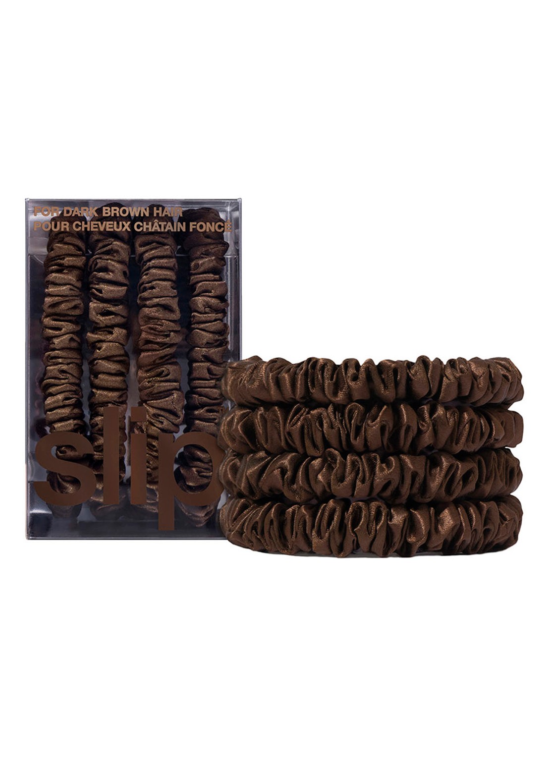 slip Pure Silk Skinny Scrunchies - zijden haarelastiek - voorkant 2 dark brown