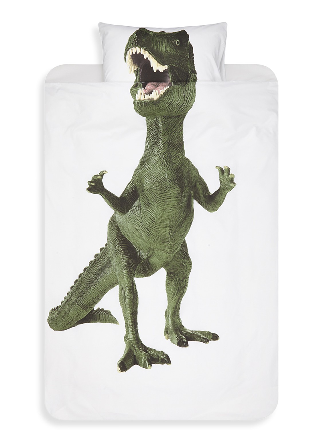 Snurk Dinosaurus Rex katoenen kinderdekbedovertrekset 160TC - inclusief kussenslopen - voorkant 2 groen