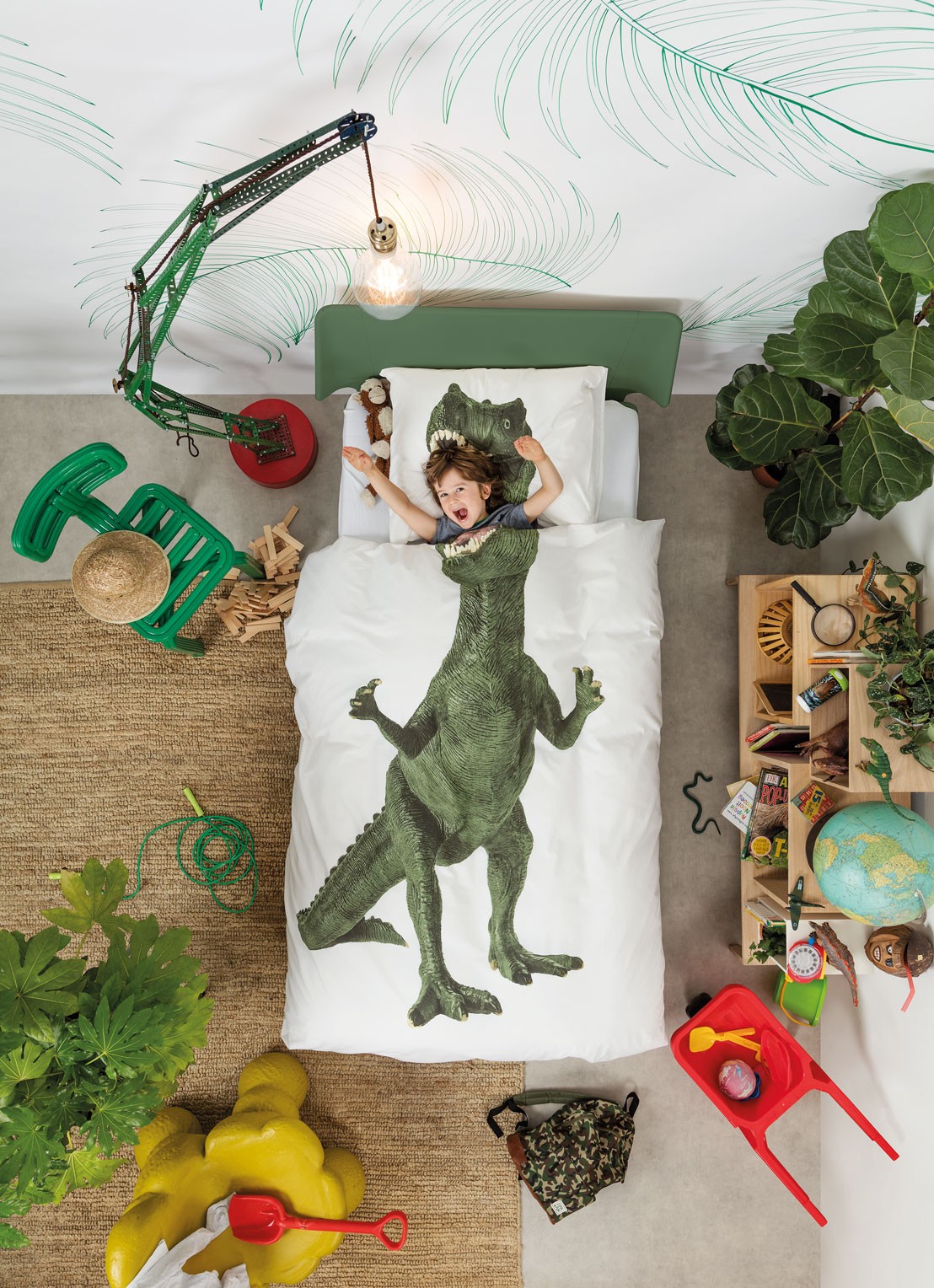 Snurk Dinosaurus Rex katoenen kinderdekbedovertrekset 160TC - inclusief kussenslopen - voorkant 3 groen