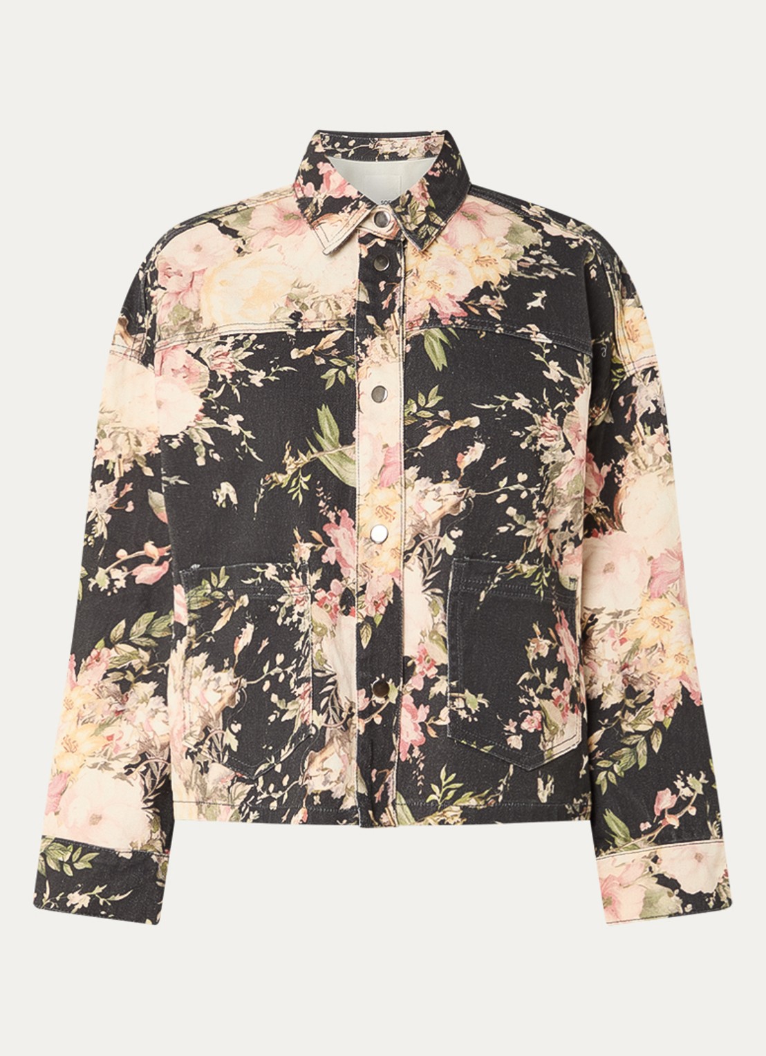 Sofie Schnoor Amaya boxy spijkerjas met opgestikte zakken en bloemenprint - voorkant 3 zwart