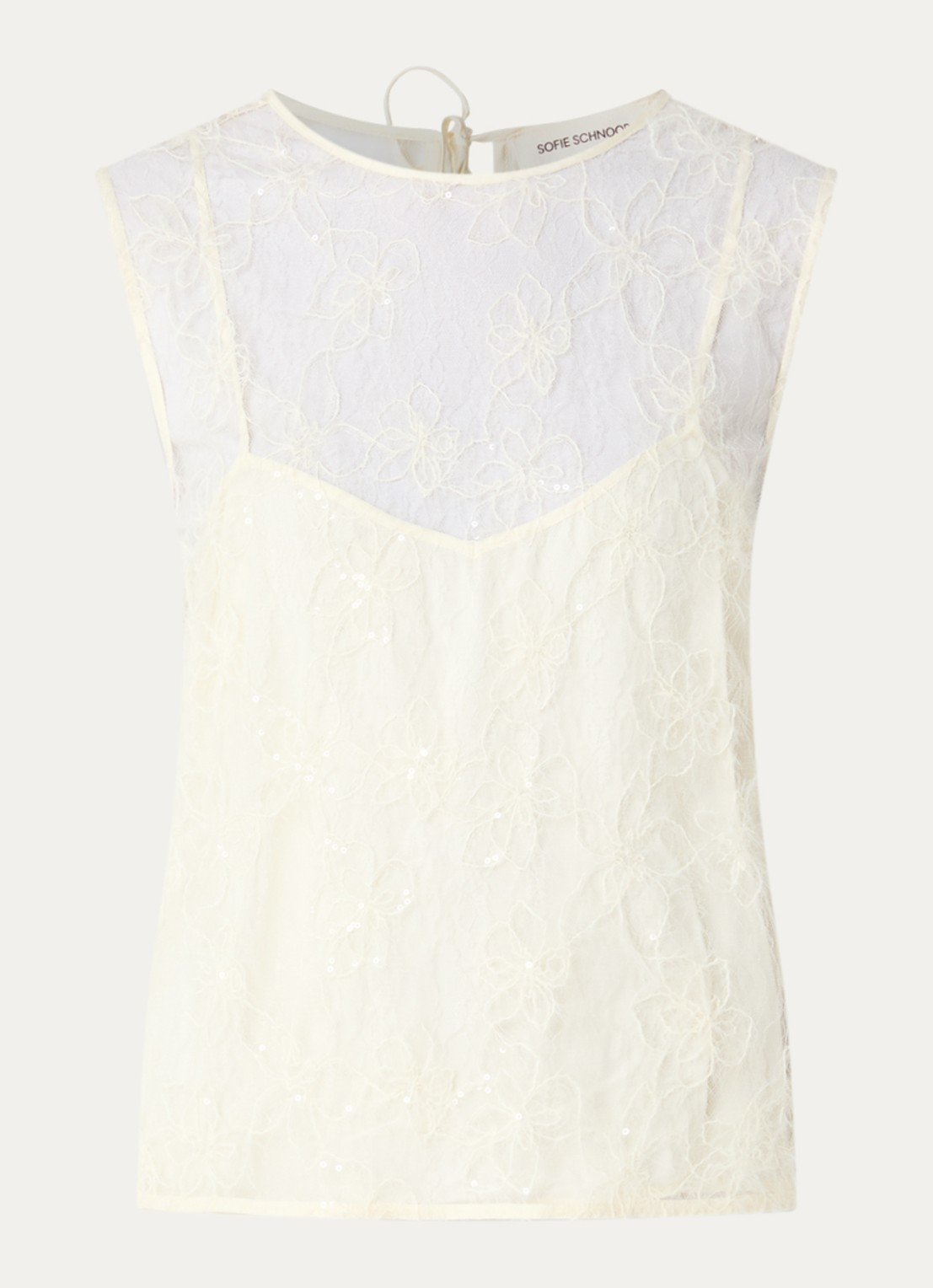 Sofie Schnoor Odessasw semi-transparante top van mesh met pailletten en borduring - voorkant creme