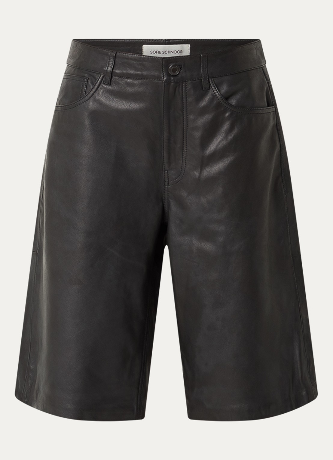 Sofie Schnoor Voke high waist wide leg korte broek van lamsleer - voorkant 2 zwart