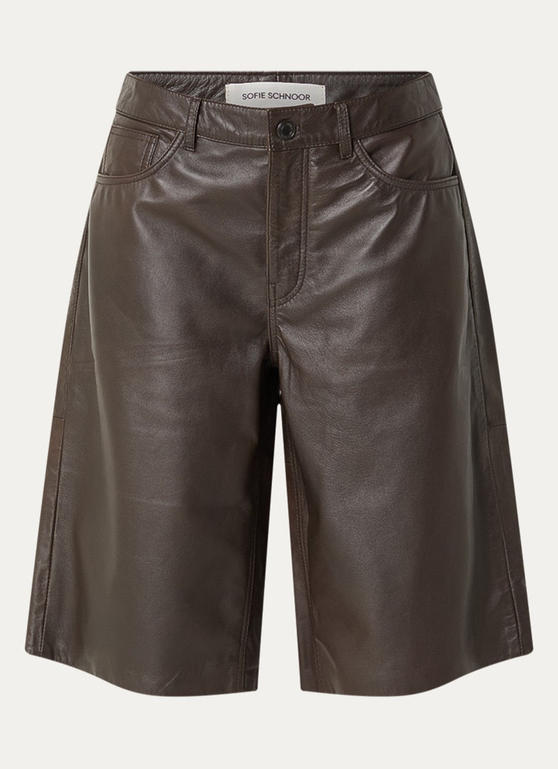Sofie Schnoor Voke high waist wide leg korte broek van lamsleer - voorkant 2 donkerbruin