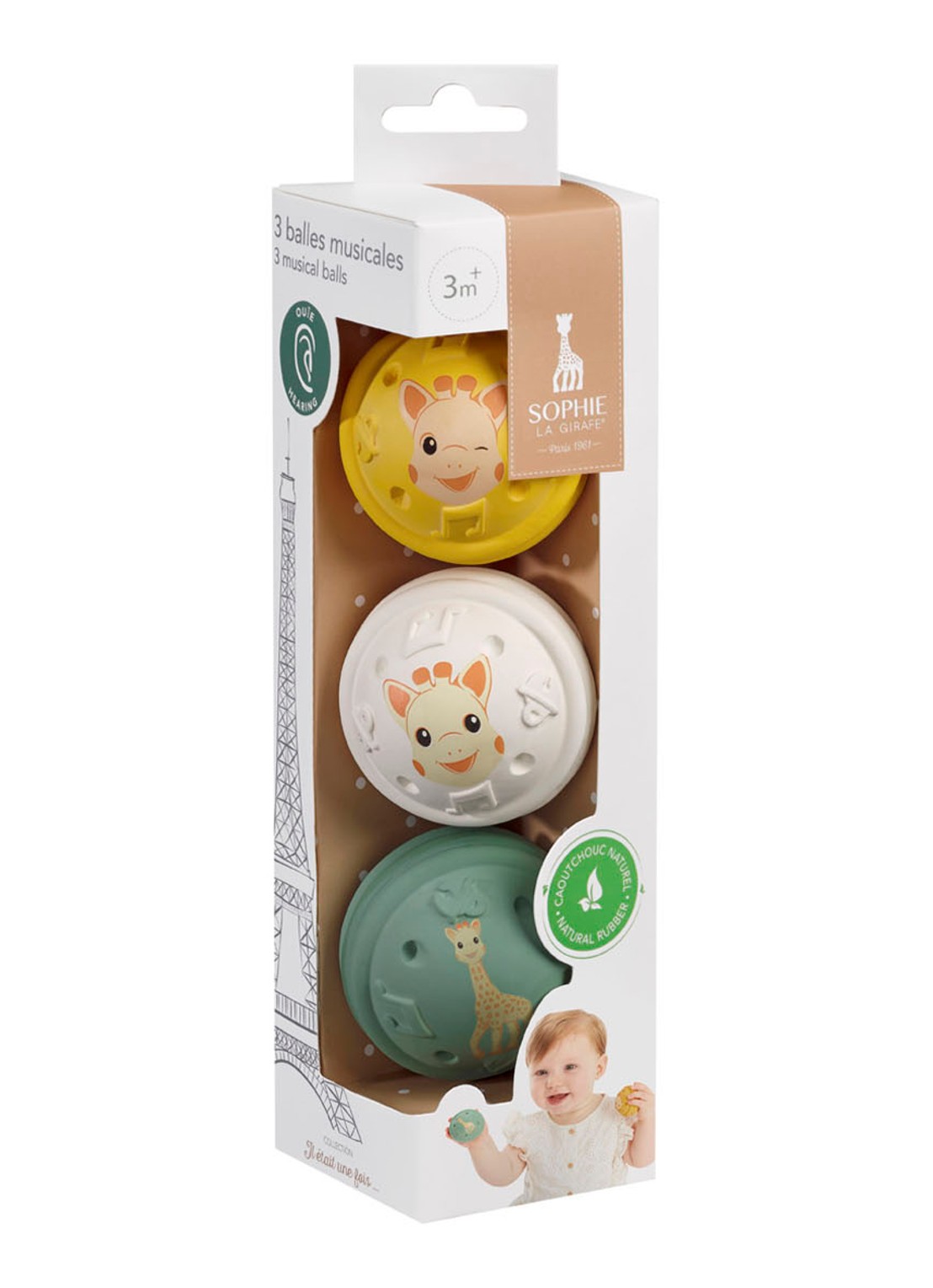 Sophie de Giraf 5-Senses muzikale speelballen set van 3 - voorkant multicolor