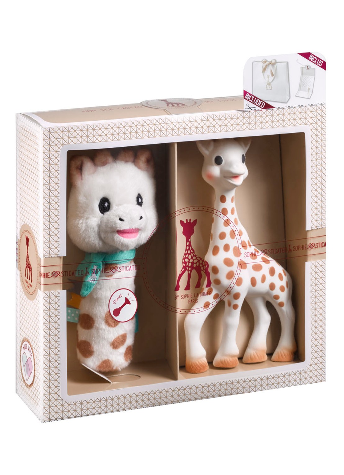 Sophie de Giraf Sophiesticated cadeauset small set van 5 - voorkant 3 donkerbeige