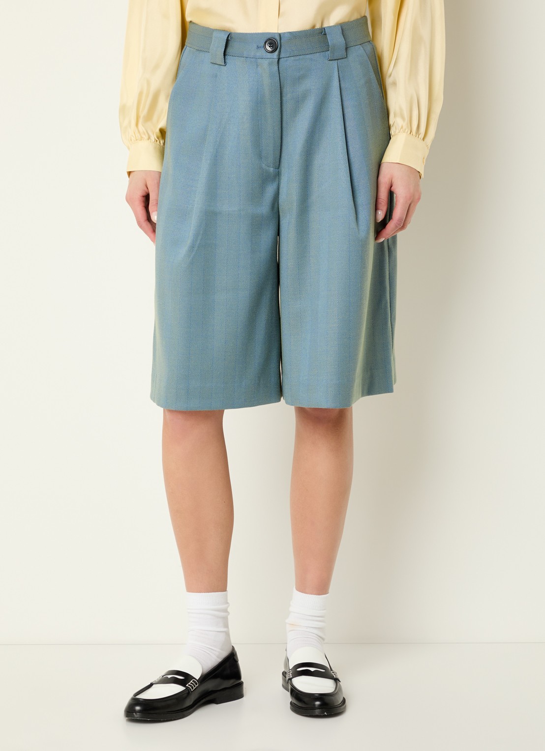 Stella Nova Mid waist wide fit korte broek met visgraat dessin - detail petrol