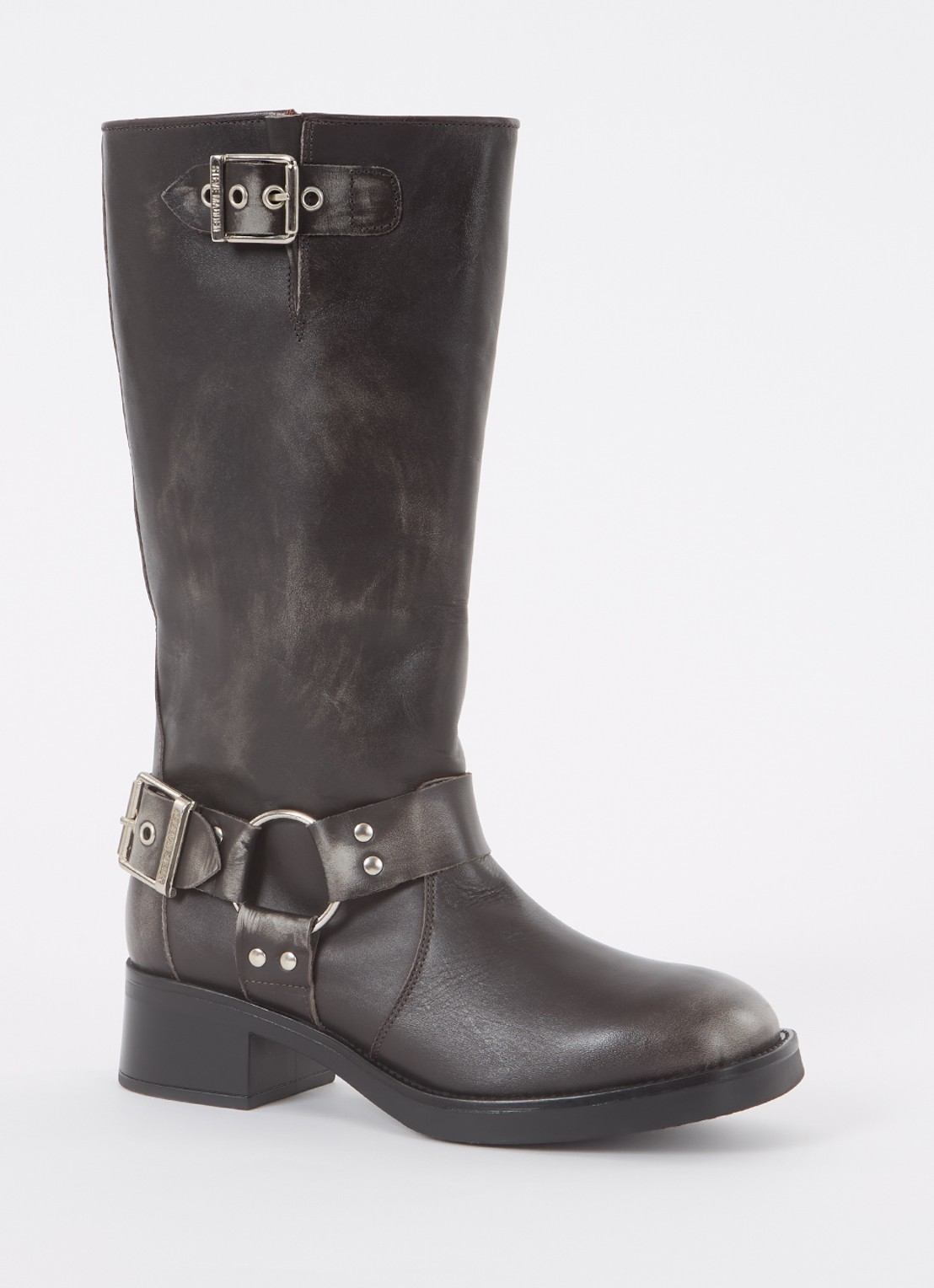 Steve Madden Beau biker boot van leer met gespdetail - voorkant antraciet