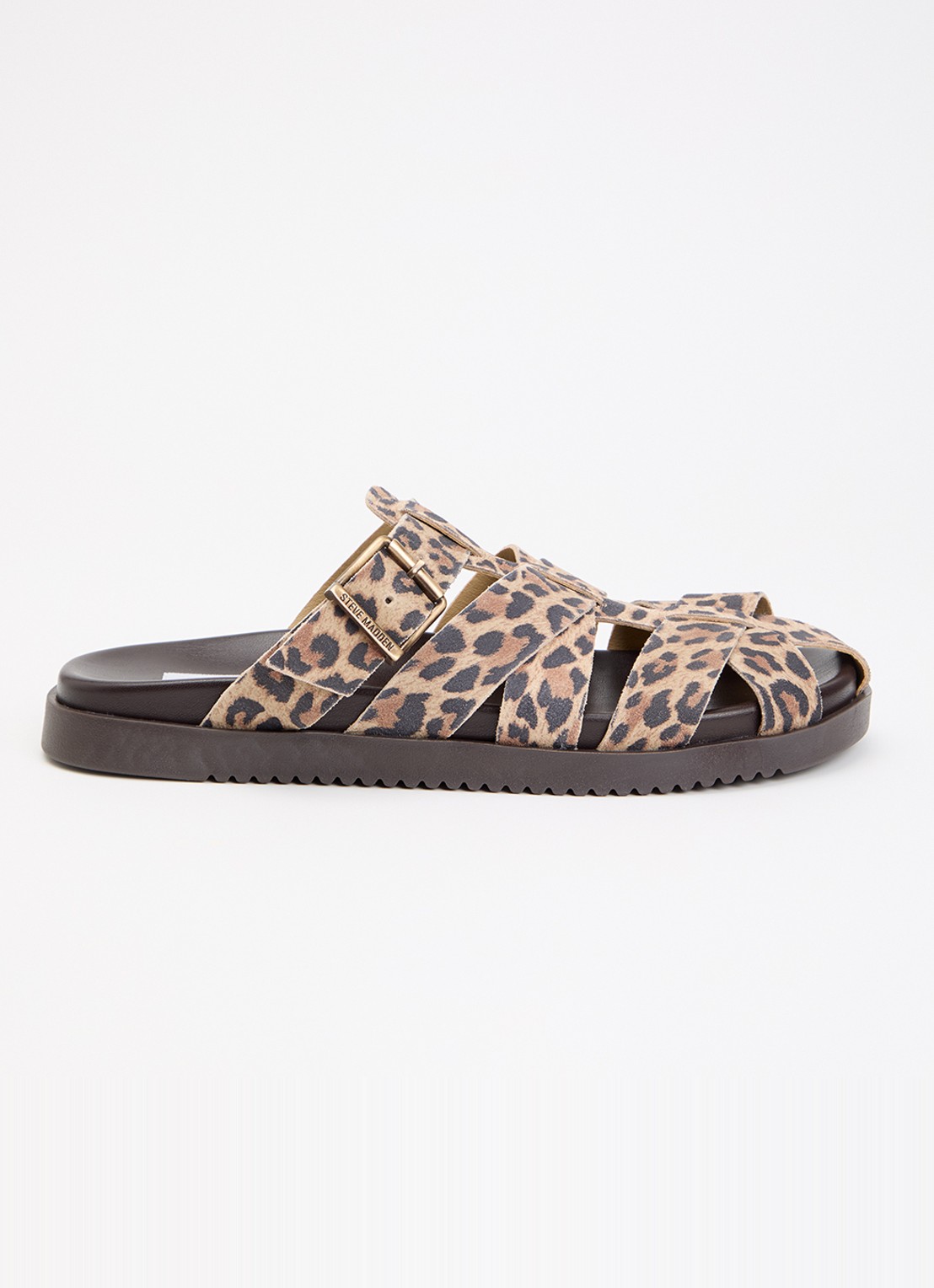Steve Madden Mamba slipper van suède met panterprint - voorkant camel