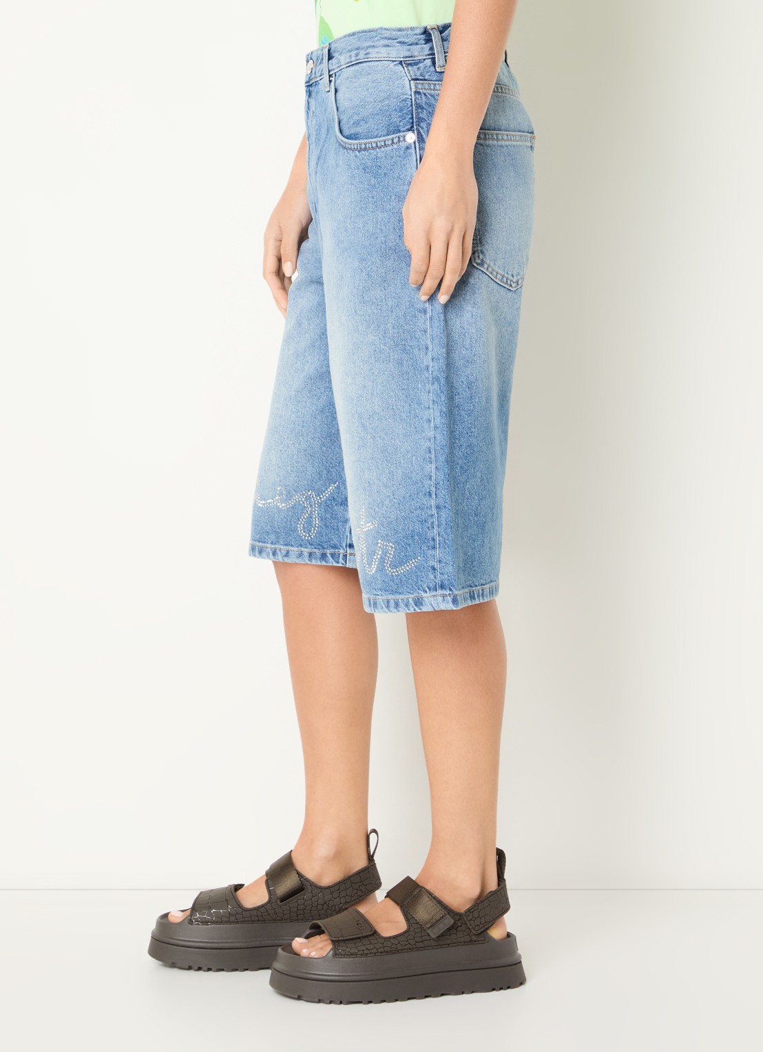 Stieglitz Fabio mid waist wide leg korte broek met strass logo - detail 2 jeans