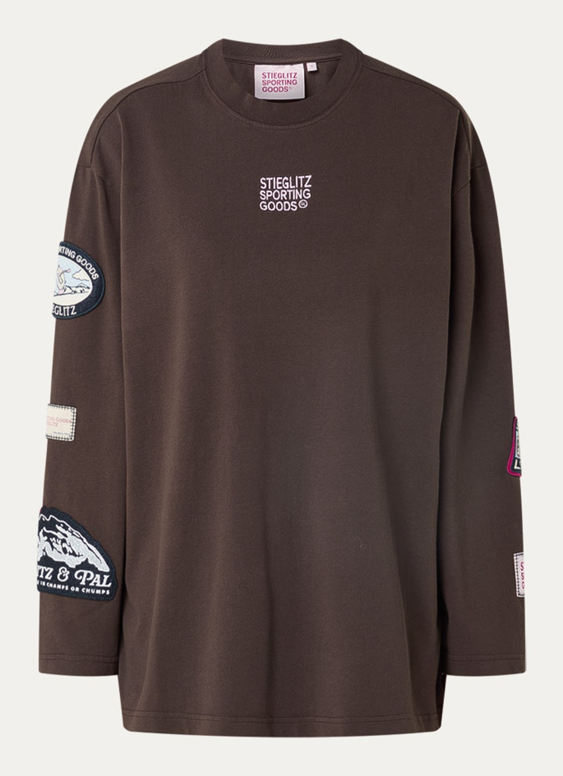 Stieglitz Juliana oversized longsleeve met logo- en backprint - voorkant 2 donkerbruin