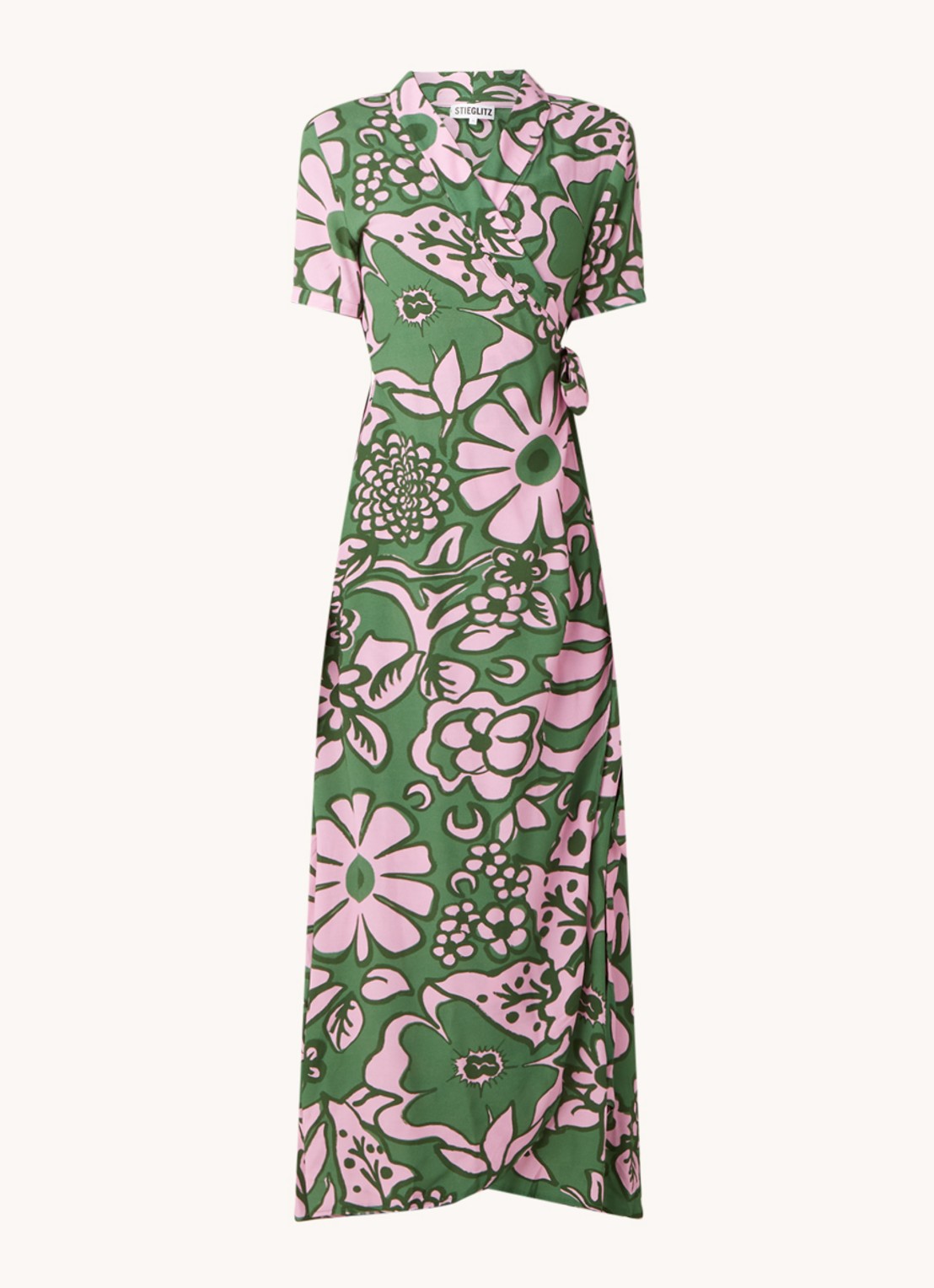 Stieglitz Tara maxi wikkeljurk met print in viscoseblend - voorkant groen