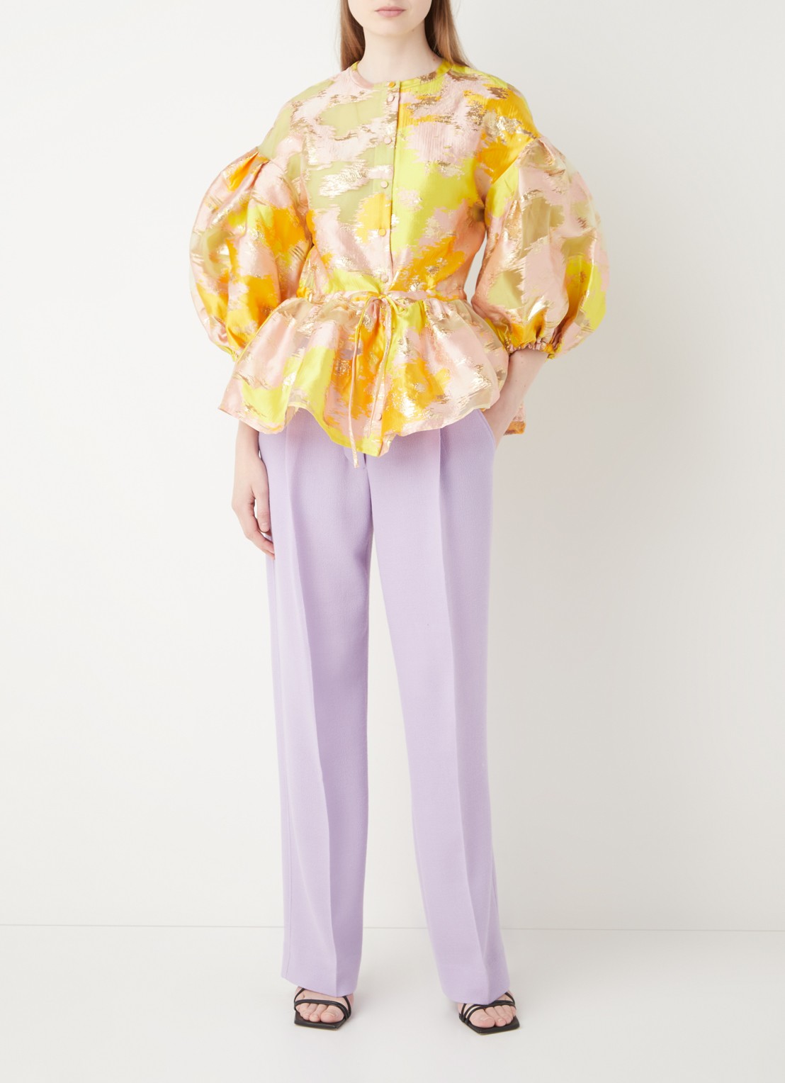 STINE GOYA Ferrah blouse met lurex en ballonmouw - voorkant 3 geel