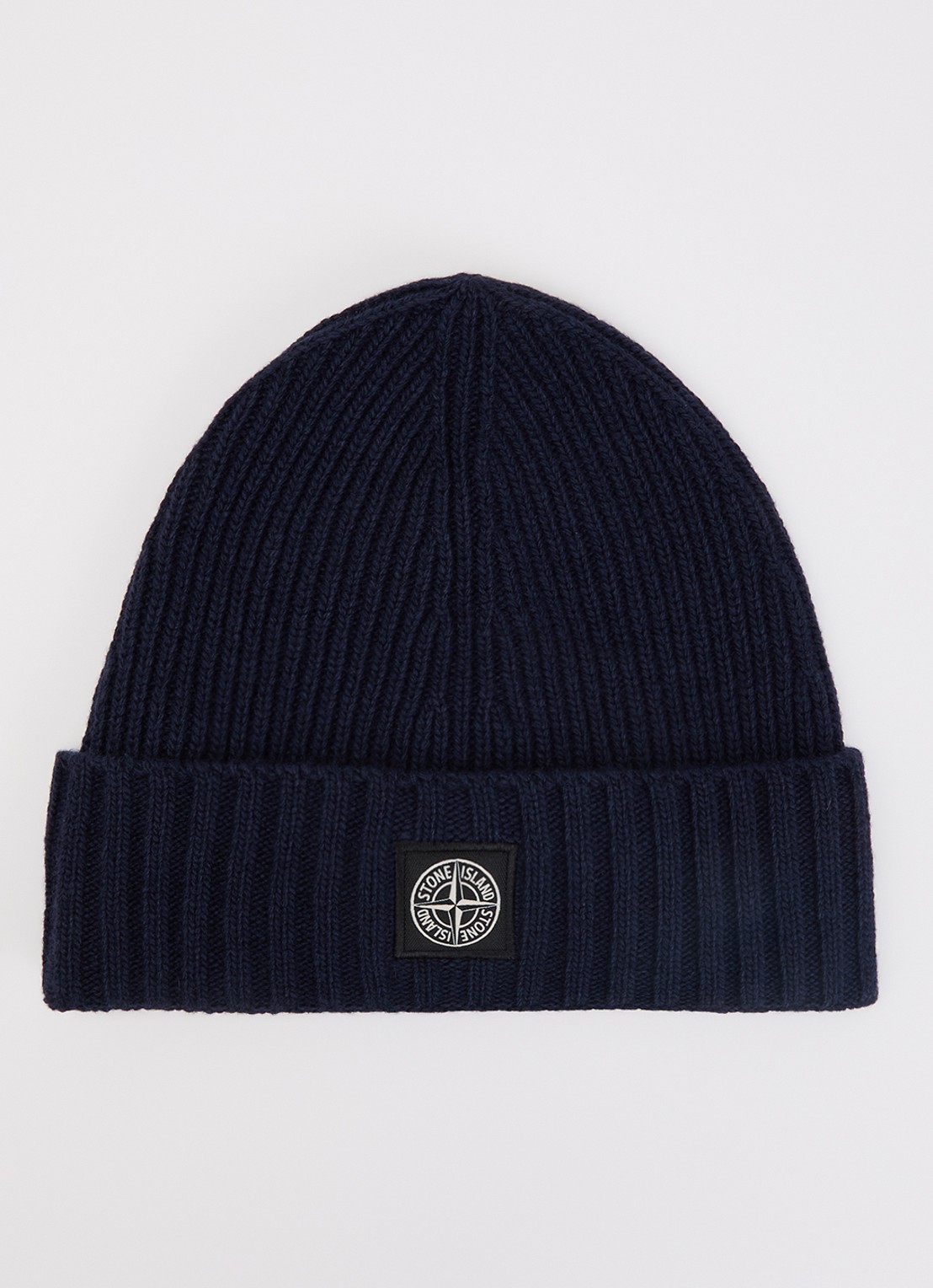Stone Island 00001 ribgebreide muts in kasjmierblend met logo - voorkant donkerblauw