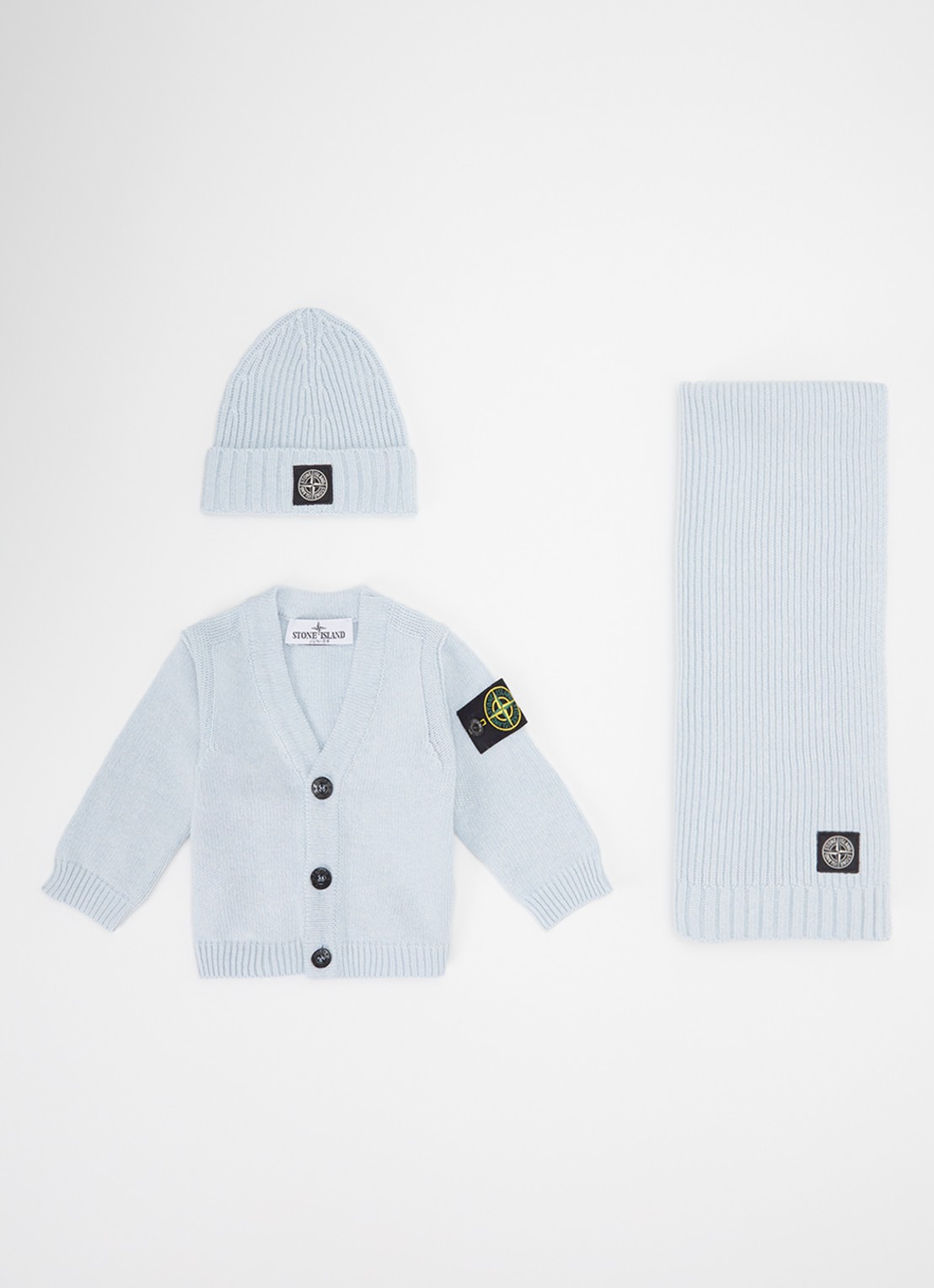 Stone Island 00001 set van vest met muts en sjaal in giftbox 3-delig - voorkant lichtblauw