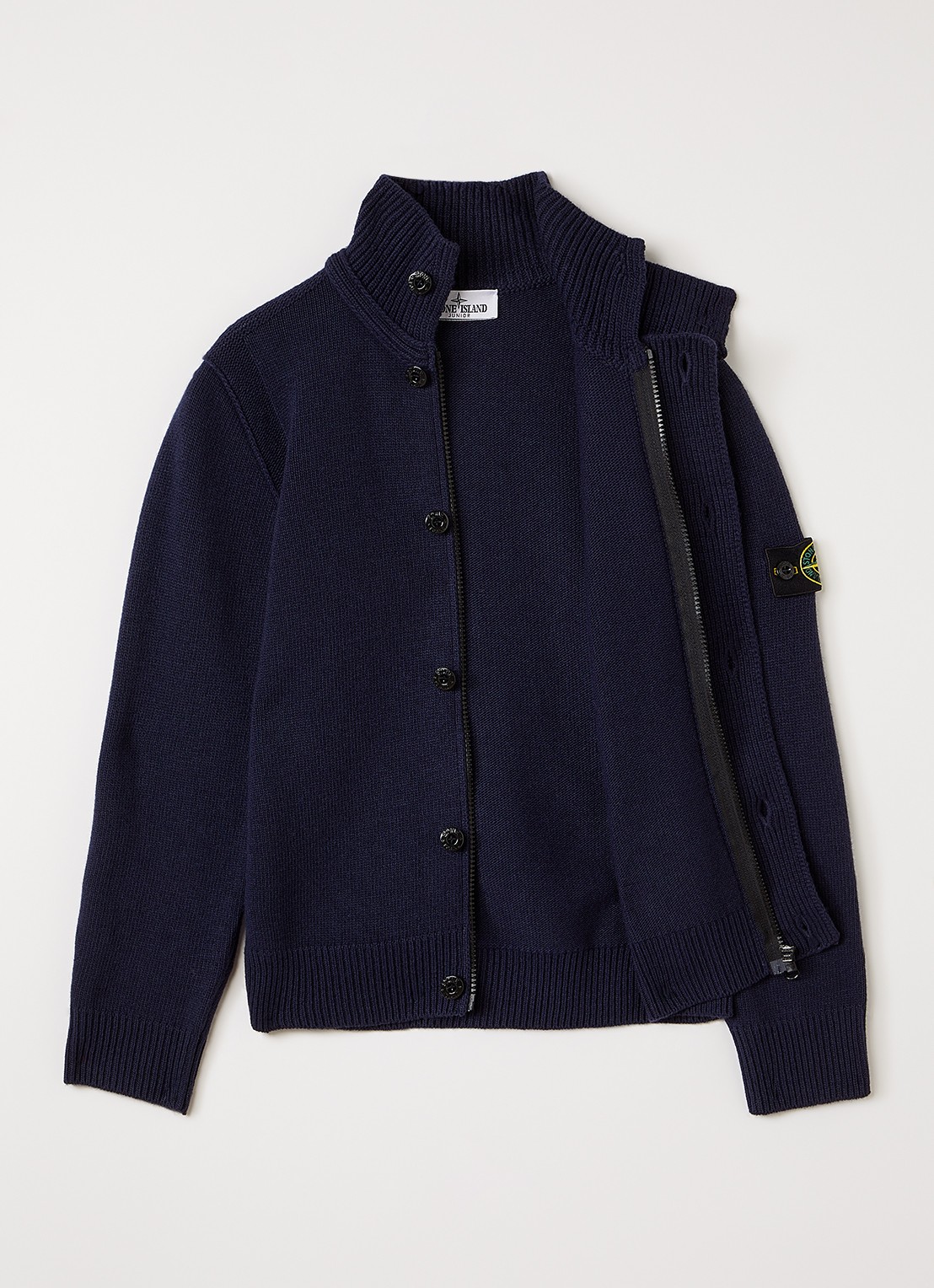 Stone Island 00003 grofgebreid vest in scheerwolblend met logo - voorkant 3 donkerblauw