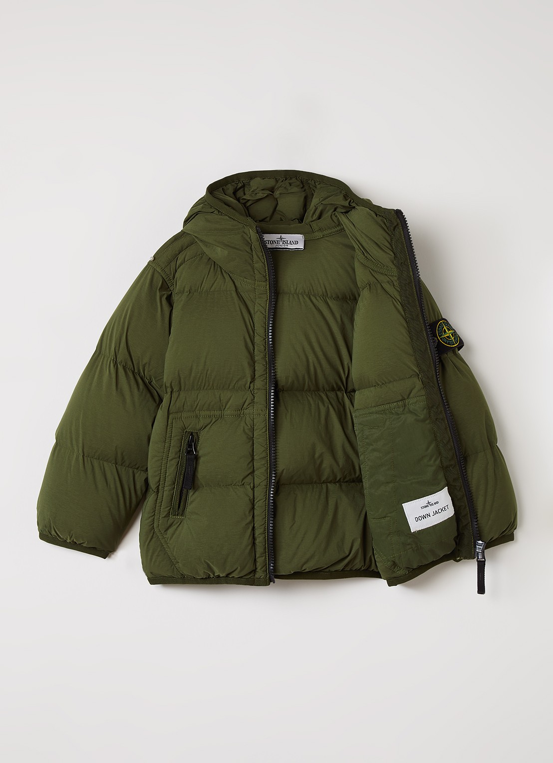 Stone Island 00004 puffer jack met capuchon en ritszakken - voorkant 3 legergroen