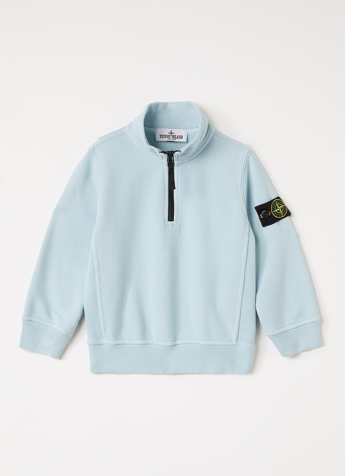Stone Island 00005 sweater met logo en halve rits - voorkant lichtblauw