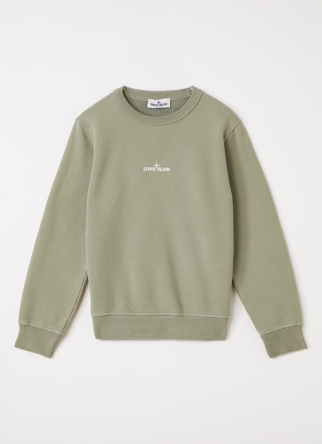 Stone Island 00014 sweater met logo- en backprint - voorkant olijfgroen