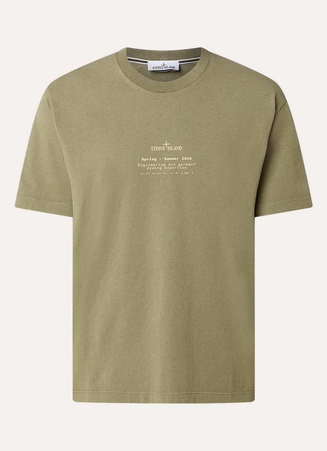 Stone Island 12002 T-shirt met logo- en backprint - voorkant 2 olijfgroen