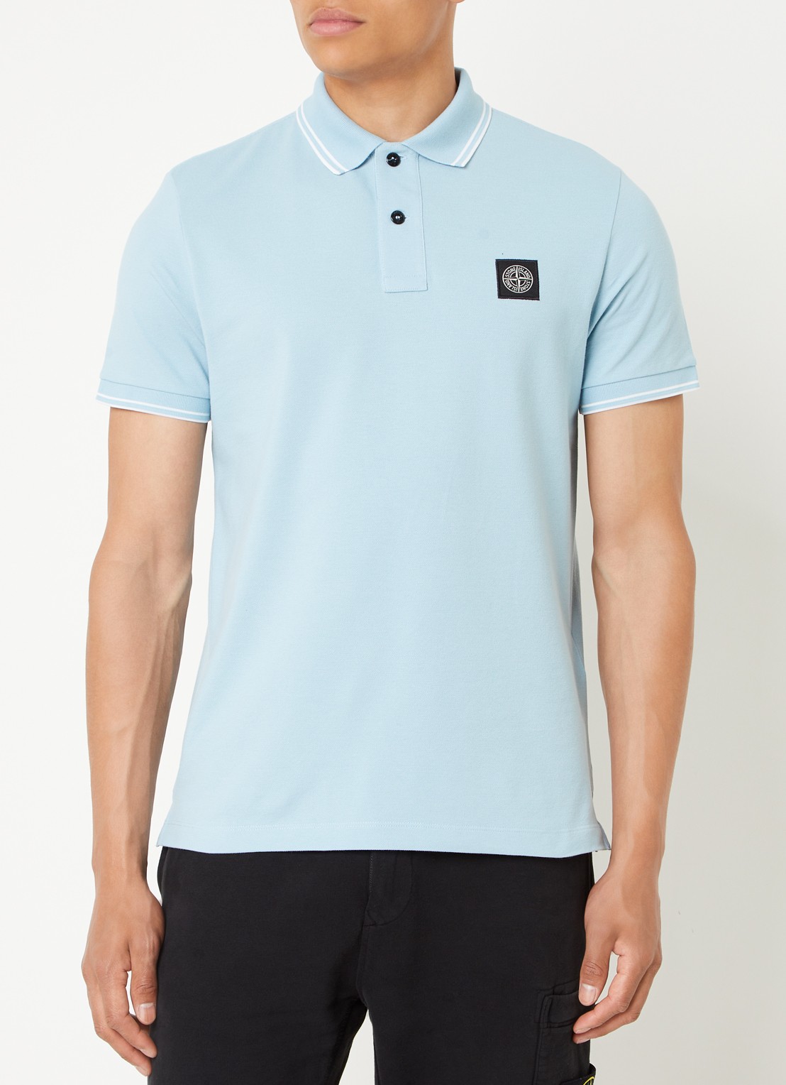 Stone Island 2SC18 slim fit polo van  piqué katoen met logo - detail 4 lichtblauw