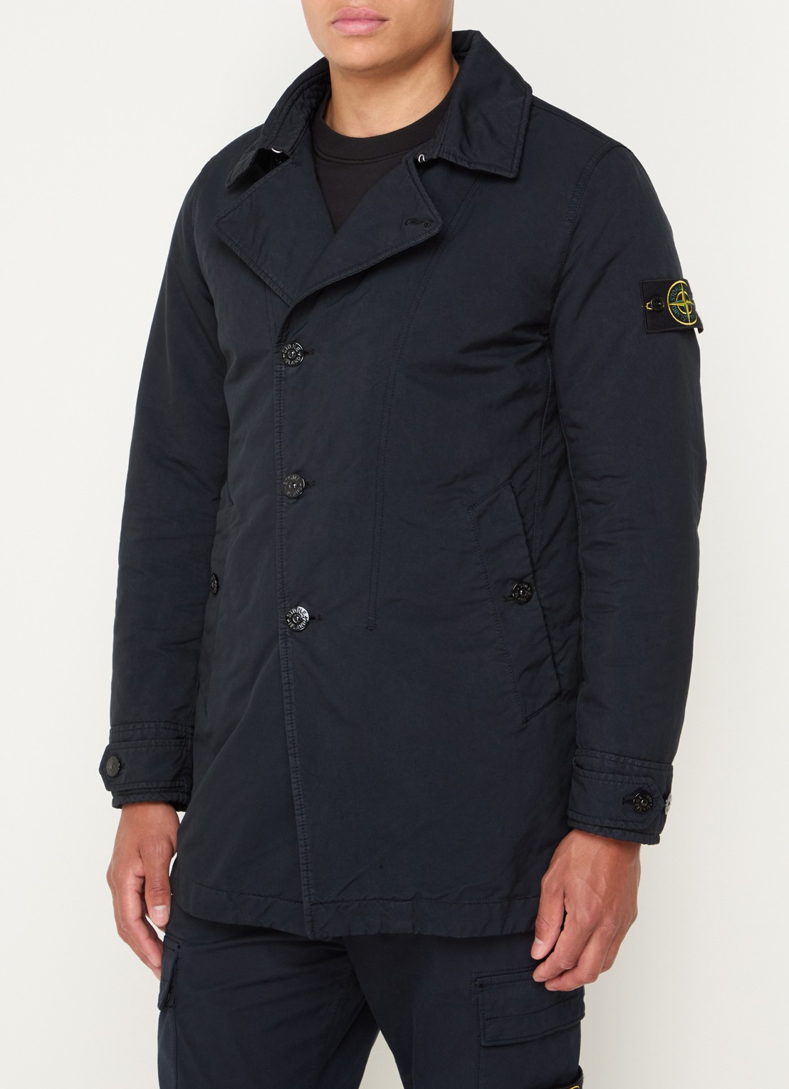 Stone Island 42149 trenchcoat met steekzakken en logo - detail donkerblauw
