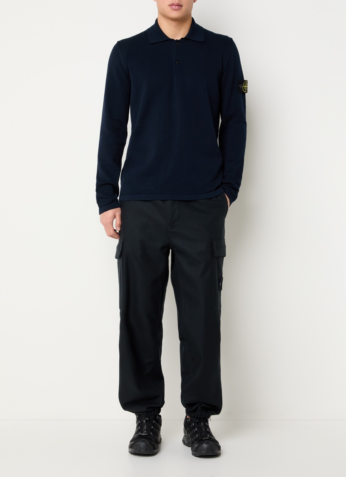 Stone Island 64349 fijngebreide trui met polokraag en logo - voorkant 5 donkerblauw