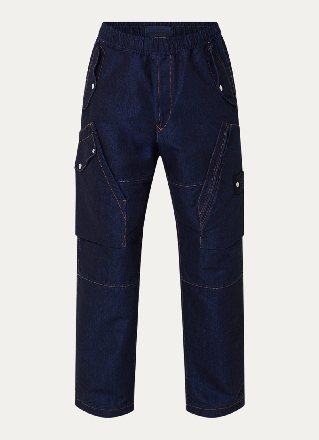 Stone Island K2S15 straight fit cargobroek van denim met klepzakken en logo - voorkant 5 indigo